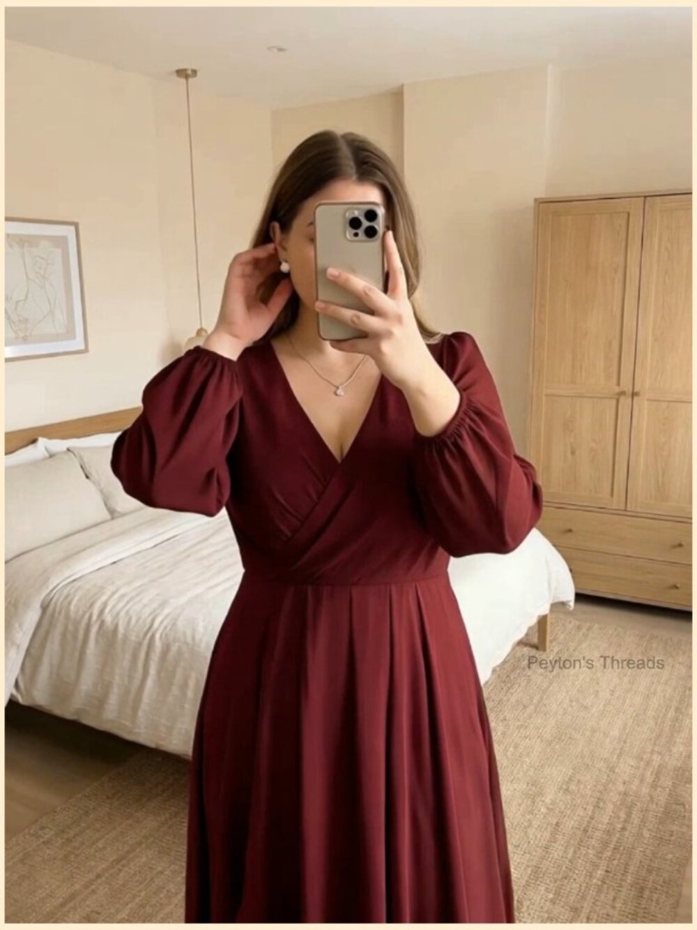 Chiffon V Neck Long Sleeve A-Line Midi Wedding Guest Dress Cocktail Party Formal - Picture 6 of 7